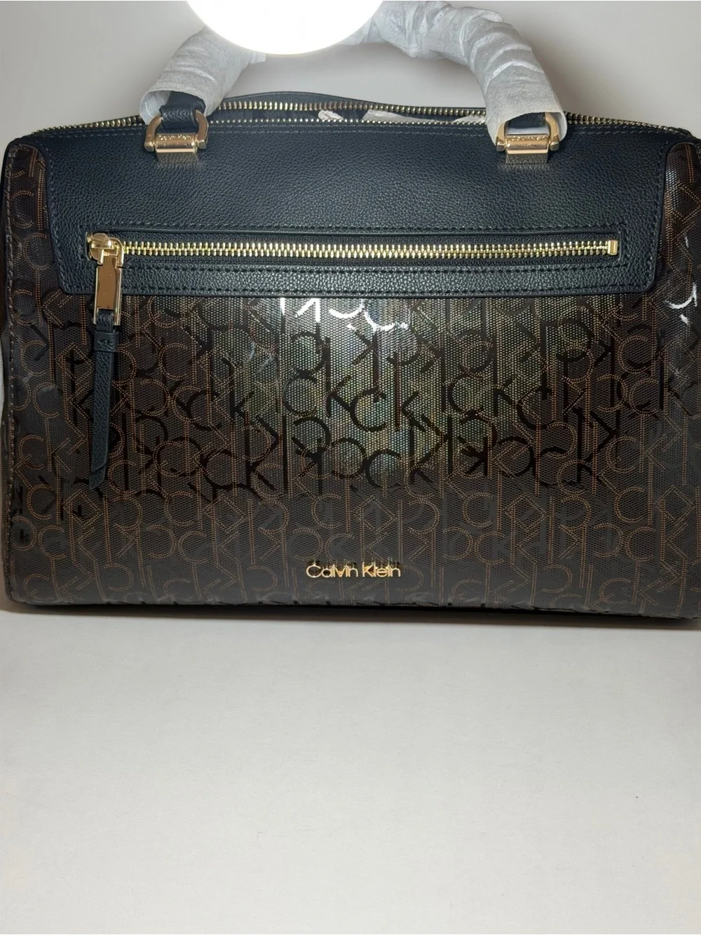 Calvin Klein Brown Monogram Satchel with Gold Hardware